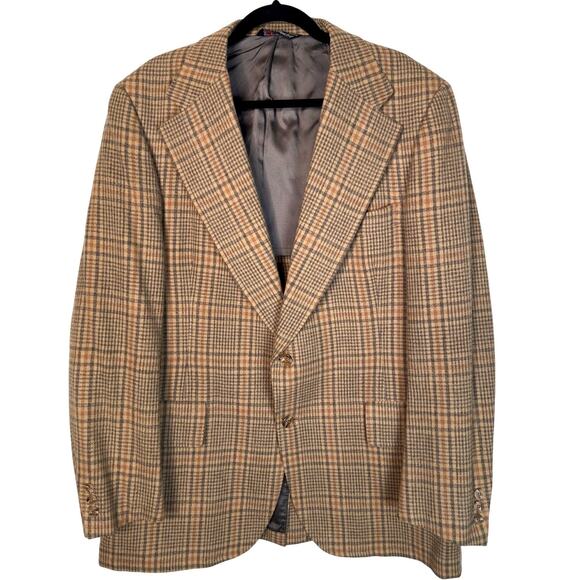 Vintage 70s Austin Reed 44R Wool WIDE LAPEL Plaid Blazer Jacket Gray Brown EUC! - Picture 1 of 11